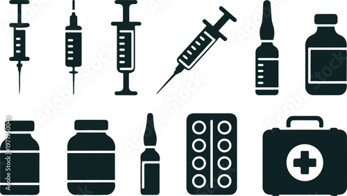 Medical supplies including syringes, vials, and first aid kit.