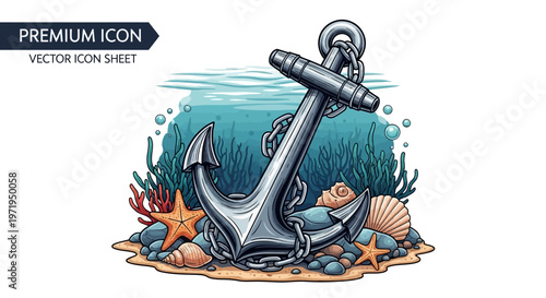 Nautical Anchor on Sandy Seabed with Shells, Starfish and Underwater Plants