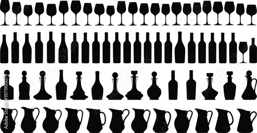 Wine glass and bottle silhouettes, decanter and pitcher icon set, beverage glassware vector collection, bar and restaurant drinkware symbols,