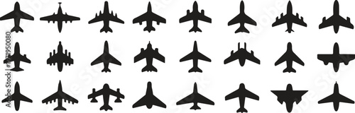 Collection of airplane silhouettes top view, commercial and military aircraft vector set isolated on white background illustration