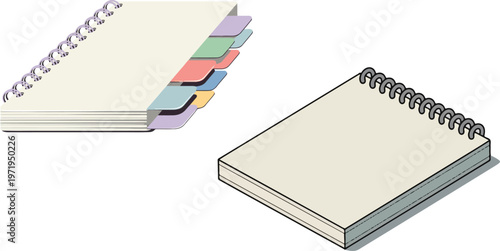 Spiral notebooks with colorful tabs and single spiral bound notepad.