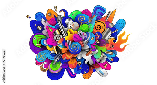 Vibrant illustration of swirling shapes and art supplies in a creative explosion.