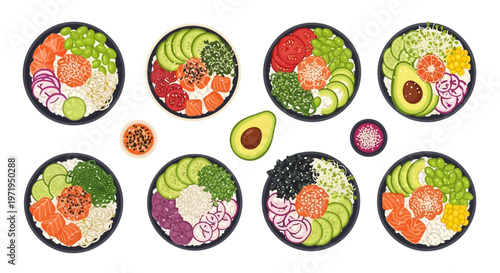A vibrant arrangement of sushi bowls with assorted ingredients on a white background