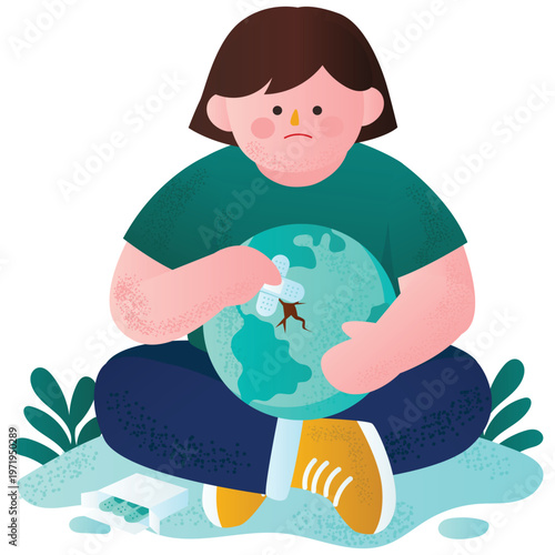 Planet Earth Illustration. Vector illustration of Person fixing a cracked planet with a bandage, representing environmental recovery and healing the earth. Isolated on background