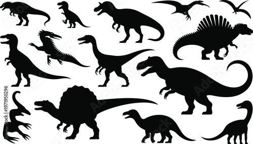 Collection of dinosaur silhouettes including Tyrannosaurus, Spinosaurus and flying pterosaurs, prehistoric reptile vector set isolated on white background