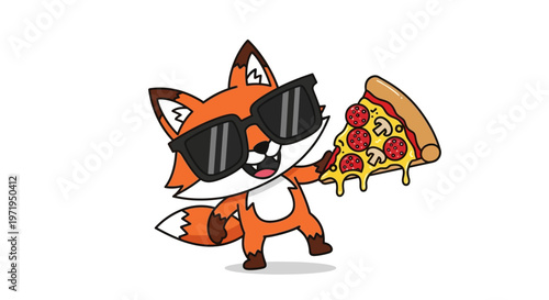 A cartoon fox in sunglasses happily holds a slice of cheesy pepperoni pizza.
