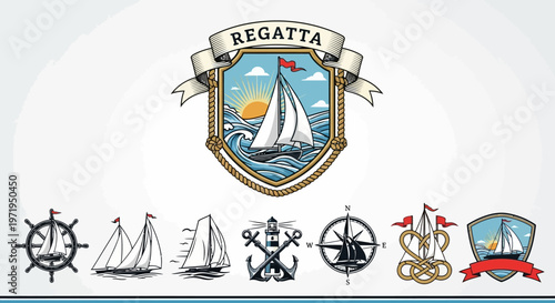 Nautical Emblem Collection: Sailboat, Anchor, Compass, Steering Wheel, Regatta