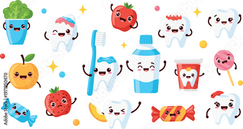 Cute Dental Care Characters Illustration with Happy Teeth, Toothbrush, Toothpaste and Food Icons for Kids Oral Hygiene Education