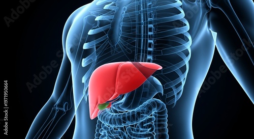 Human body anatomy with highlighted liver and rib cage structure