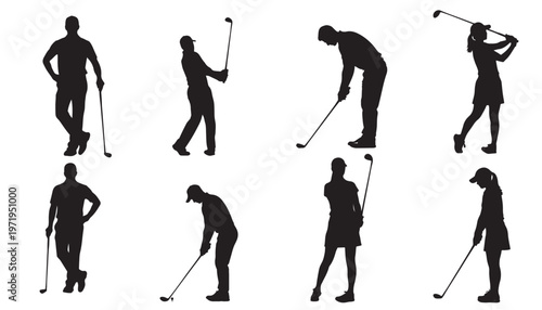 Comprehensive collection of golfer silhouettes, featuring men and women in various actions from teeing off to putting, illustrating the full spectrum of golf.