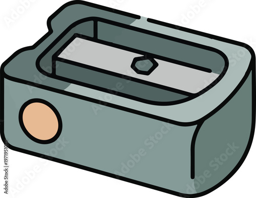 Gray metal pencil sharpener with orange circular detail.