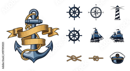 Nautical Icons: Anchor, Ships, Helm, Compass, Lighthouse, Captain Hat