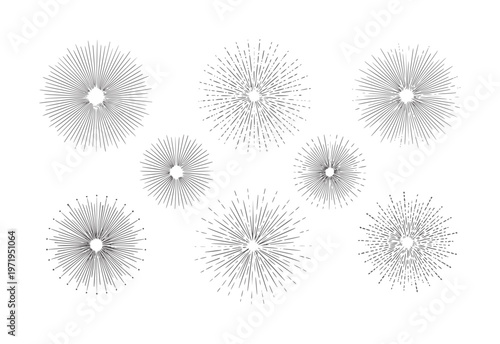 Collection of seven grey starburst sunburst radial line patterns