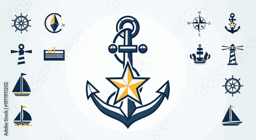 Nautical Icons Collection: Anchor, Compass, Lighthouse, Ships, Helm, Wind Rose