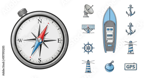 Nautical Icons: Compass, Boat, Lighthouse, Anchor, GPS, Radar, Ship's Wheel