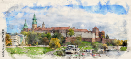 Fotografie Panorama of Wawel Castle and Cathedral on the Vistula River in Krakow, Poland in