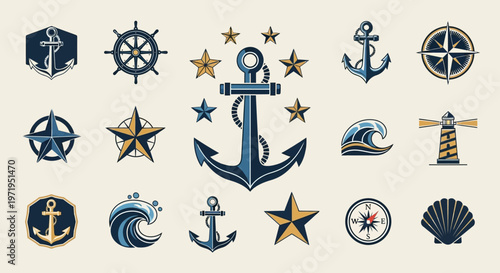 Nautical Icons Set: Anchor, Compass, Lighthouse, Waves, Stars, Ship Wheel