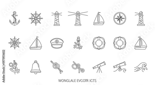 Nautical Icons Set: Anchor, Ship Wheel, Lighthouse, Sailboat, Compass, Lifebuoy