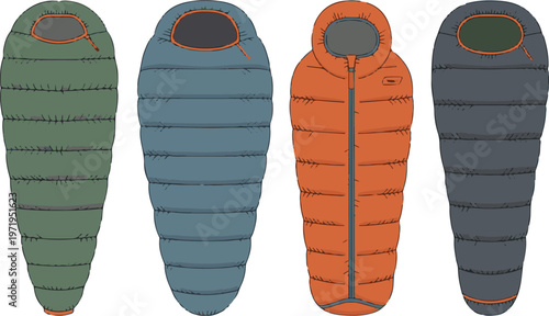 Sleeping bags in various colors for outdoor camping and adventure gear.