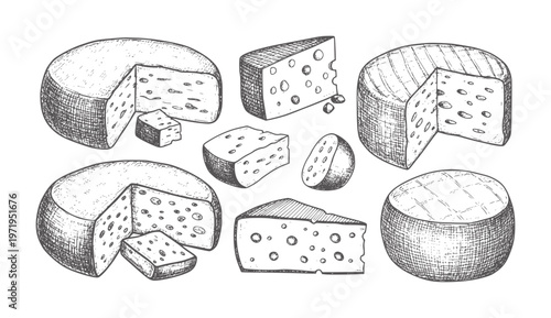 Hand drawn assortment of cheese wheels and wedges with holes food dairy vintage rustic