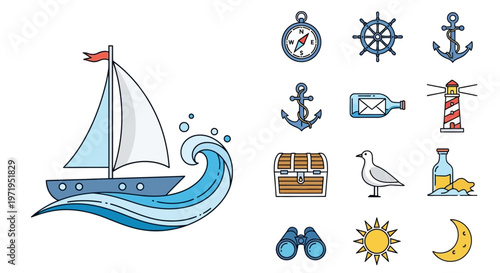 Nautical Icons Set: Sailboat, Anchor, Lighthouse, Compass, Treasure Chest, Binoculars
