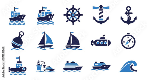 Nautical Icons Set: Ships, Anchor, Lighthouse, Compass, Sailboat, Submarine