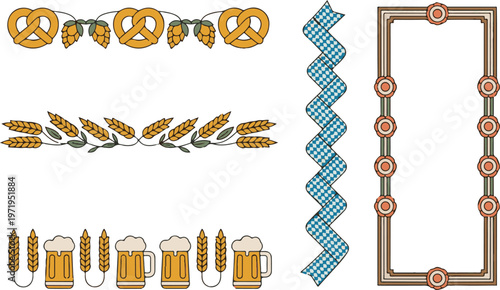 Bavarian oktoberfest festival elements with pretzels and beer mugs.