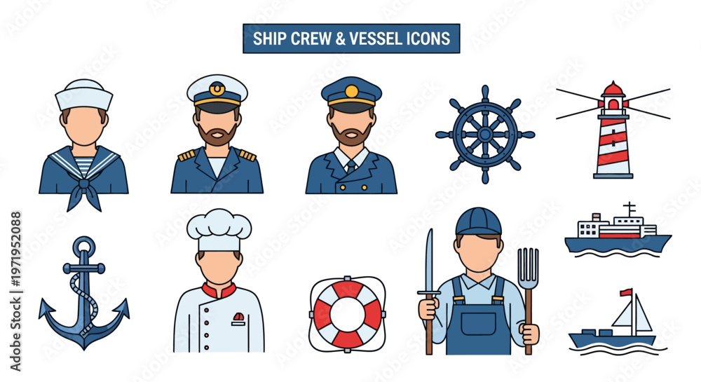 Fototapeta premium Nautical Icons: Ship Crew, Vessel, and Maritime Symbols Set