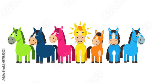Cute cartoon horses of various bright colors standing in a row on a white background
