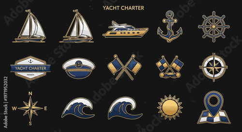 Nautical Icons Set: Yacht Charter, Sailboat, Anchor, Ship Wheel, Waves, Sun, Compass