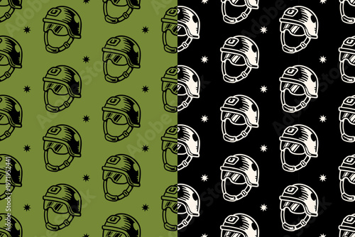 Tactical helmet with light hand drawn seamless pattern on green black background set military. Army helmet with star retro pattern background for sport. Combat helmet vintage motif wallpaper for force