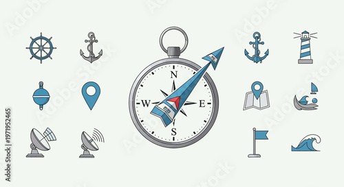 Nautical Navigation Icons: Compass, Anchor, Lighthouse, Map, Ship, Radar