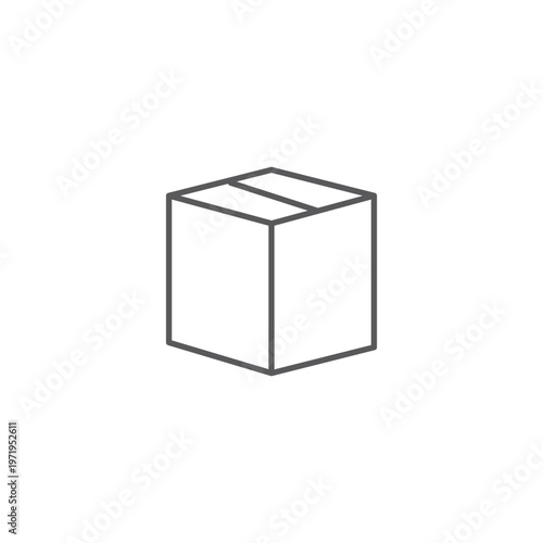 Minimalist grey line icon of a closed cardboard box for logistics, shipping, delivery, e-commerce, and professional product packaging design projects.