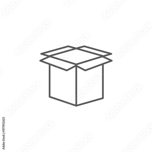 Minimalist grey line icon of an open cardboard box for logistics, delivery, e-commerce shipping, and professional product packaging design projects.