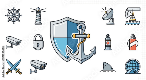 Nautical Security and Safety Icons: Anchor Shield, Lighthouse, CCTV, Lock, Shark