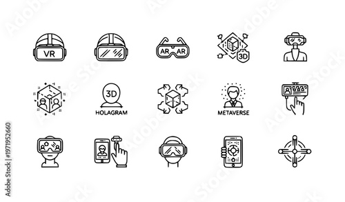 VR AR and metaverse icon set with editable stroke immersive technology symbols thin line vector collection