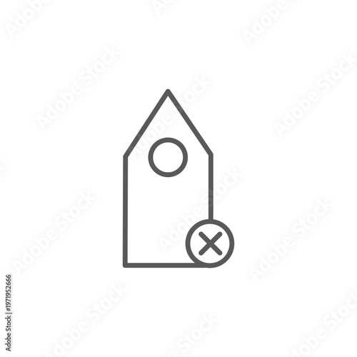 Minimalist grey line icon of a tag with a cross symbol representing remove label delete tag or cancel category.