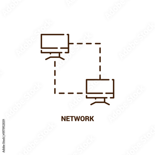 Modern brown line icon representing computer network connectivity with two linked monitors and text for technical business communication design projects.