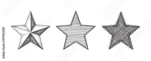 Three hand drawn stars in different styles white doodle symbol shape
