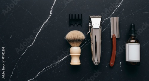 Grooming tools for shaving and beard care.