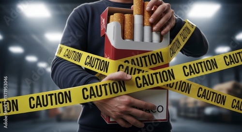 Man holding cigarettes behind caution tape.