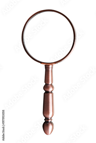 Vintage copper magnifying glass isolated on transparent background. Antique optical lens tool for search, investigation and discovery concept. Retro style detective research equipment closeup view.