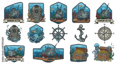Nautical Symbols Collection: Shipwrecks, Treasure, Diver Helmet, Compass, Anchor