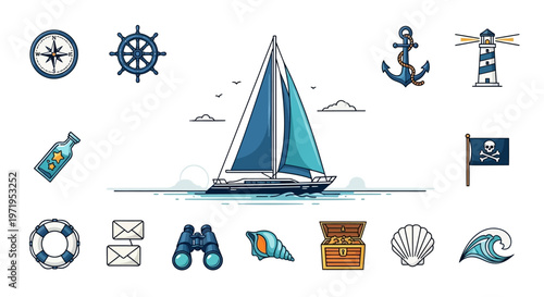 Nautical Vector Icons Set with Sailboat and Ocean Symbols