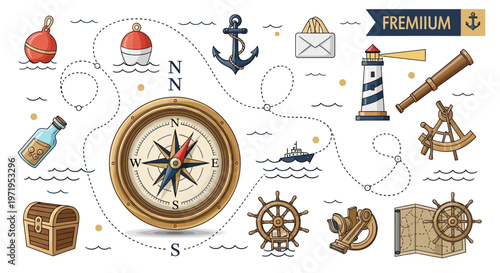 Nautical Vintage Travel Set: Compass, Anchor, Ship Wheel, Lighthouse, Treasure Chest