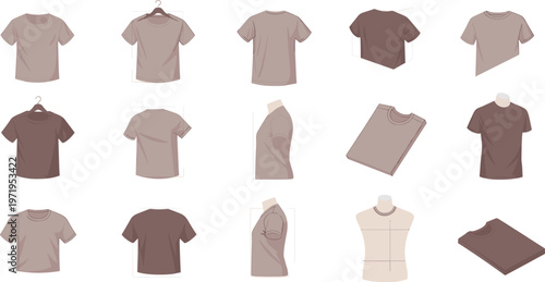 T Shirt Mockup Collection Illustration with Multiple Angles, Folded Views, Hanging Display and Apparel Presentation Templates for Fashion Design