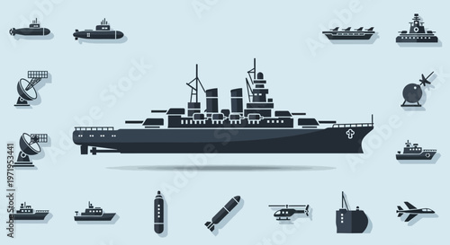 Naval Fleet Icons: Battleship, Submarine, Aircraft Carrier, Helicopter