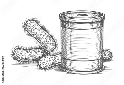 Vintage of rod shaped bacteria and a petri dish microbe cell