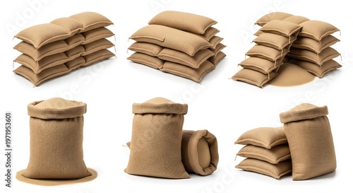 Collection of brown sandbags and burlap sacks filled with sand, isolated on a white background. Perfect for concepts of construction, flood defense, and storage.