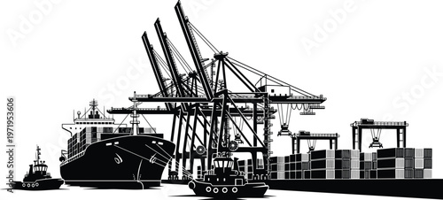 Container port terminal silhouette, cargo ships cranes stacked containers harbor logistics, black vector maritime shipping industry illustration isolated white background